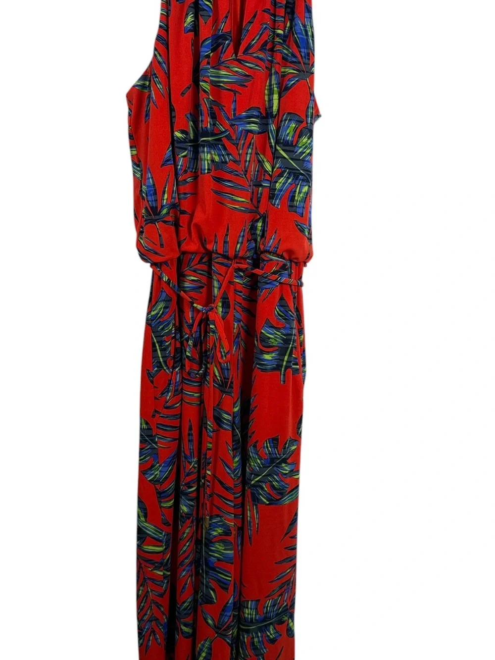 London Times Tropical Palm Print Halter Jumpsuit Red Blue Green Size 8